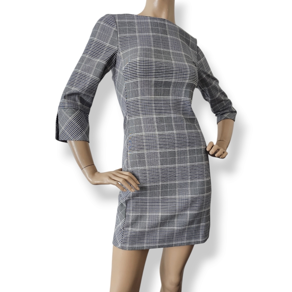 H&M Gray, Black & White Glen Plaid 3/4 Sleeve Fitted Dress Size 2